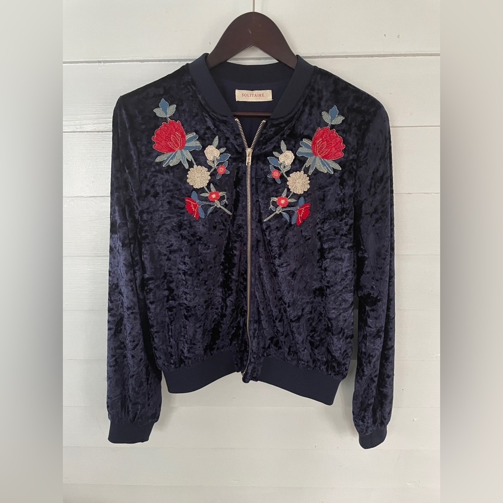 3/25 Navy Blue Embroidered Solitaire Bomber Jacket